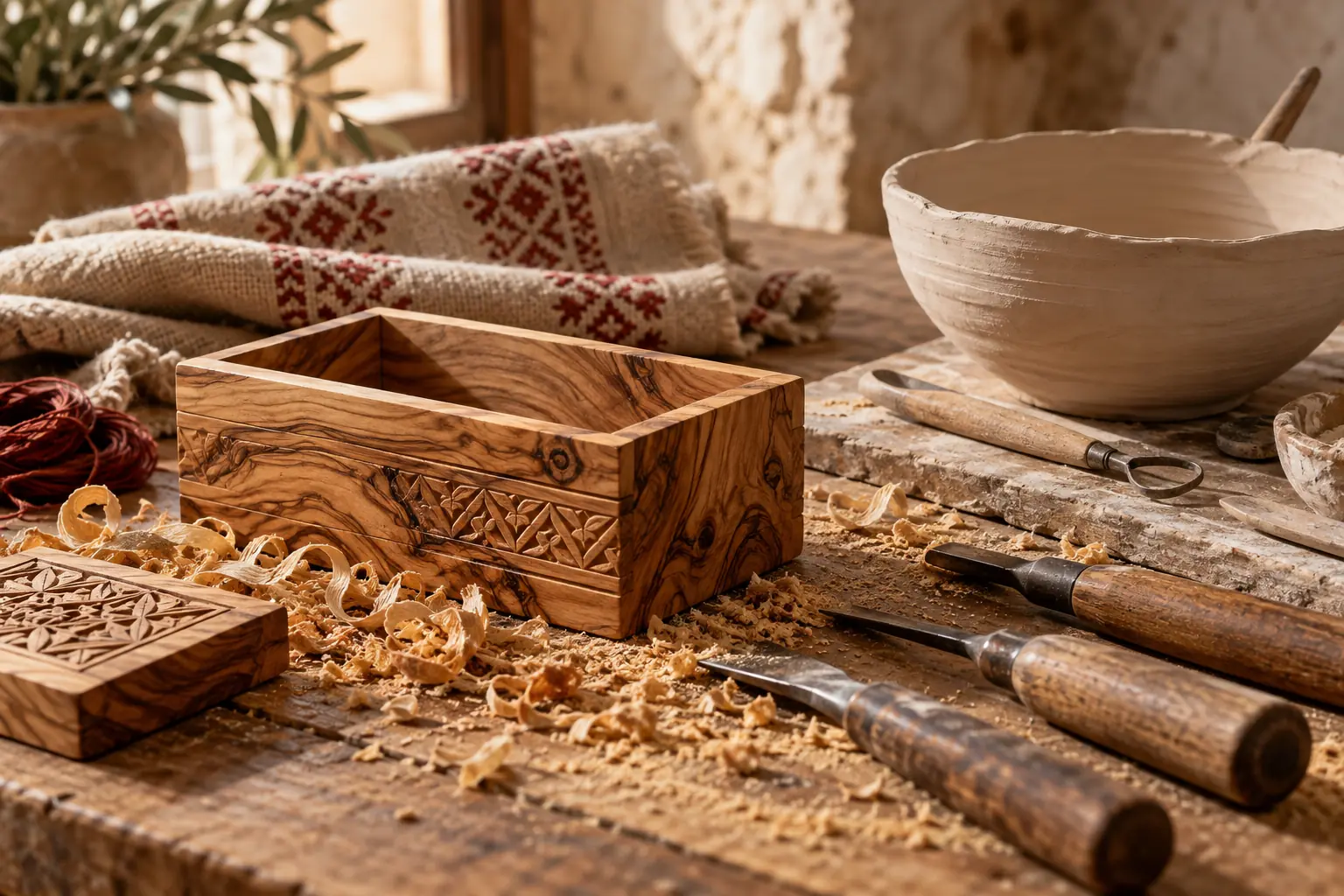 Olivewood carving, pottery and woven textiles on a warm artisan-inspired workbench