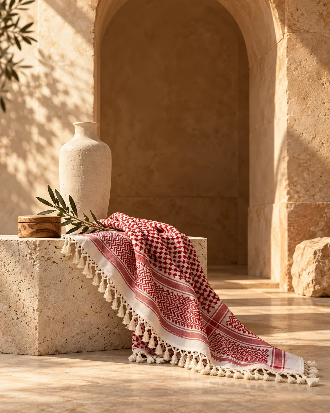 Red-and-white Jordanian shemagh, pottery and olivewood in a sunlit sandstone alcove