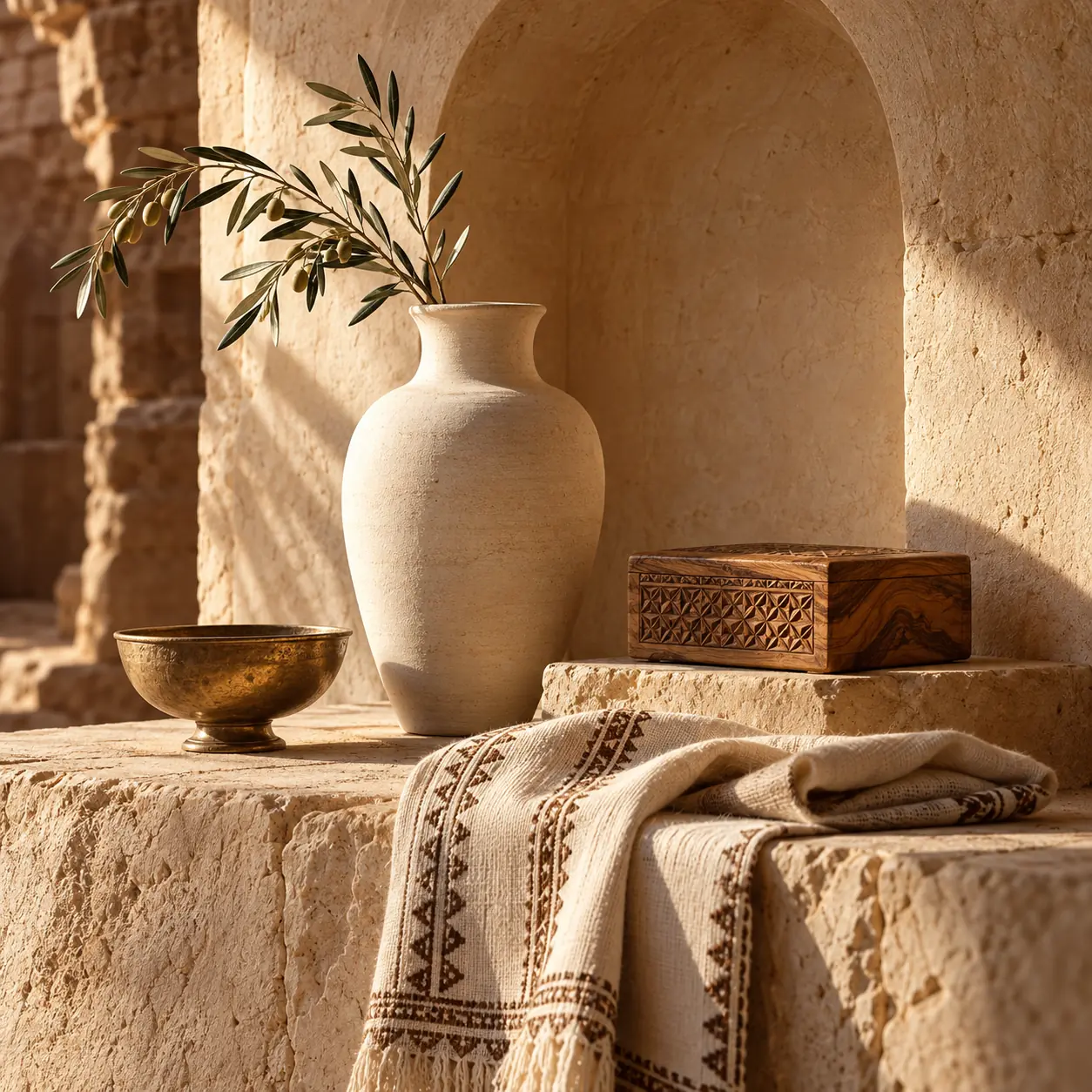 Pottery, embroidered cloth and olivewood arranged in a warm sandstone setting