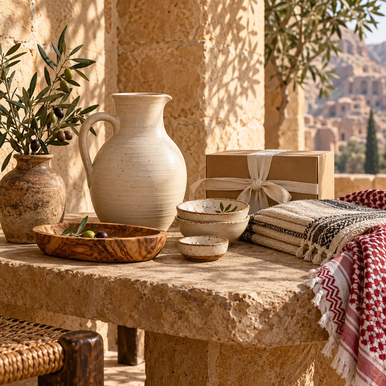 Jordanian pottery, olivewood, woven textiles and shemagh beside artisan packaging in a sunlit sandstone setting